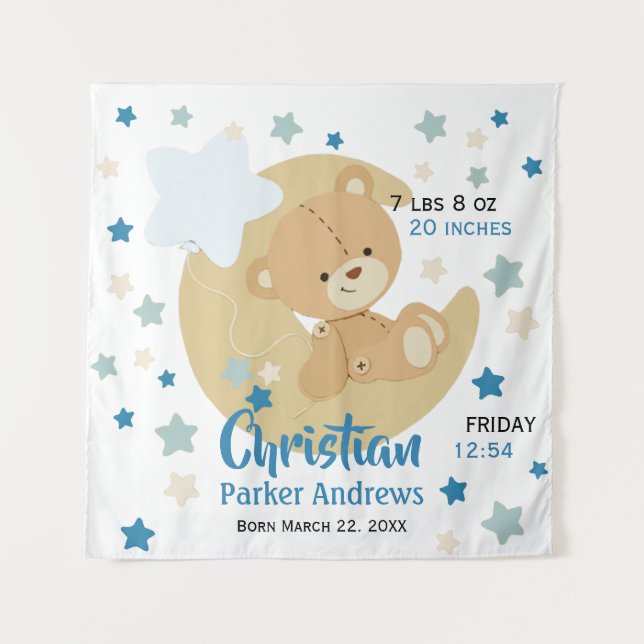 Tenture Adorable Teddy Bear Baby Boy Stats de naissance (Devant)