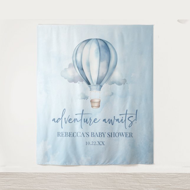 Tenture Adventure Attend ! Baby shower Blue Hot Air Balloo (Devant)