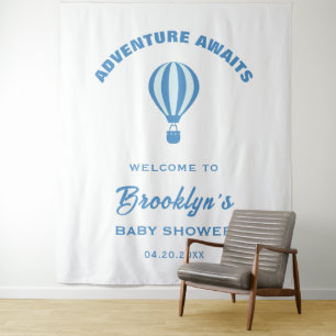 Tenture Adventure Await Blue White Baby shower fond