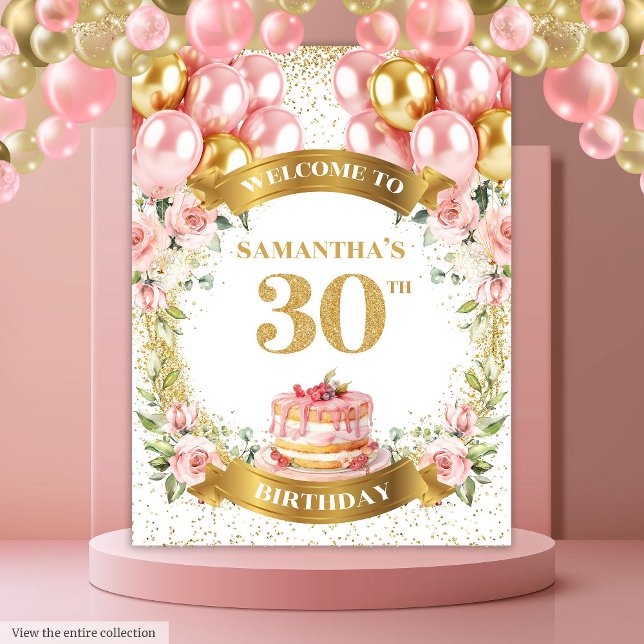 Tenture Affichage de fête doré rose pour 30e anniversaire  (Glamorous 30th Birthday Blush Gold Party Display)