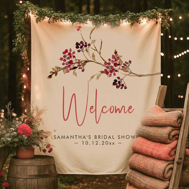 Tenture Affiche de bienvenue mariage Aquarelle Baies rusti (rustic fall bridal shower theme features a Welcome tapestry with minimalistic watercolor botanicals)