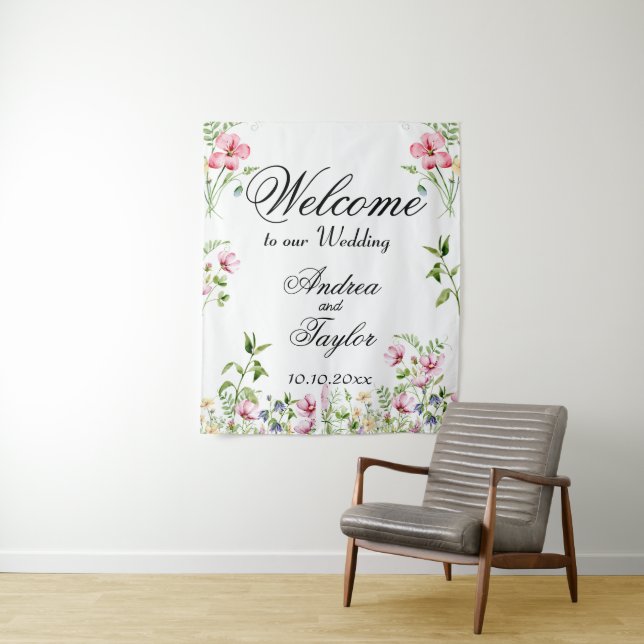 Tenture Affiche de bienvenue Mariage Fleur sauvage aquarel (En situation)