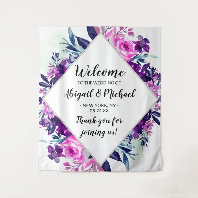 Tenture Affiche de bienvenue Mariage florale pourpre encha (Devant)