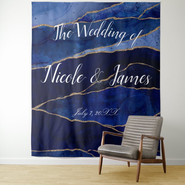 Tenture Agate Bleu et Or Mariage Moderne Minimaliste Tapis (En situation)