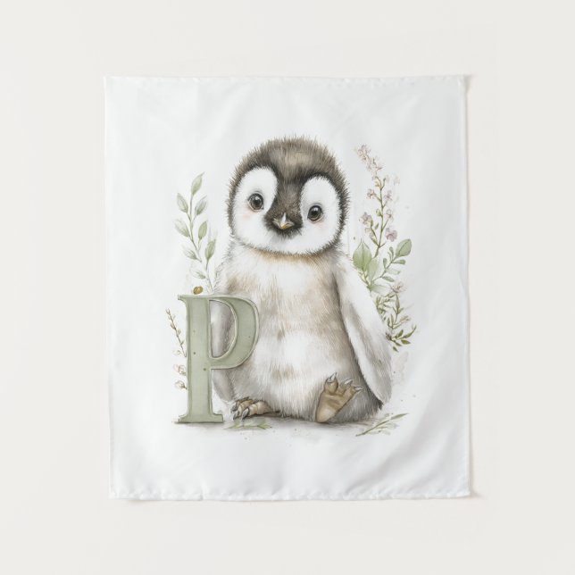 Tenture Alphabet mignon d'animaux bébé en aquarelle Pingou (Devant)
