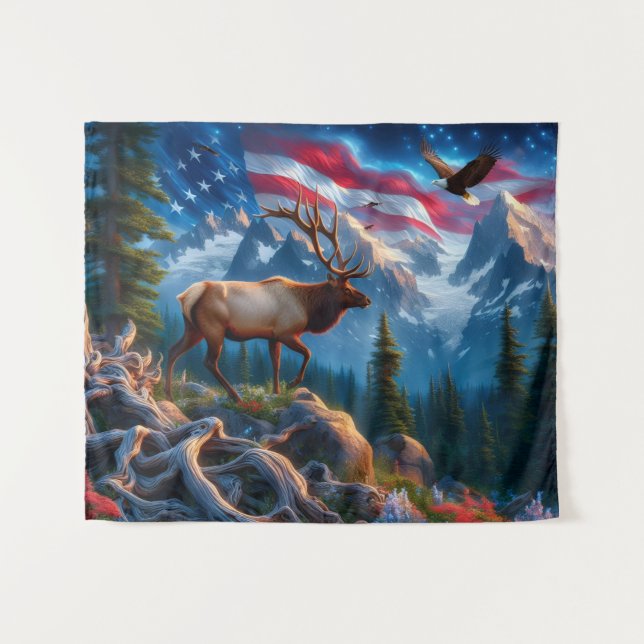 Tenture American Flag and Elk Tapestry (Devant (Horizontal))