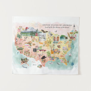 Tenture Amérique Carte illustrée de l'USA à l'aquarelle