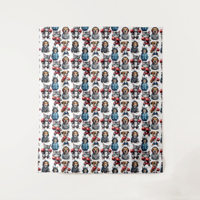 Tenture Amusante Boxe Chat Chien Motif Design (Devant)