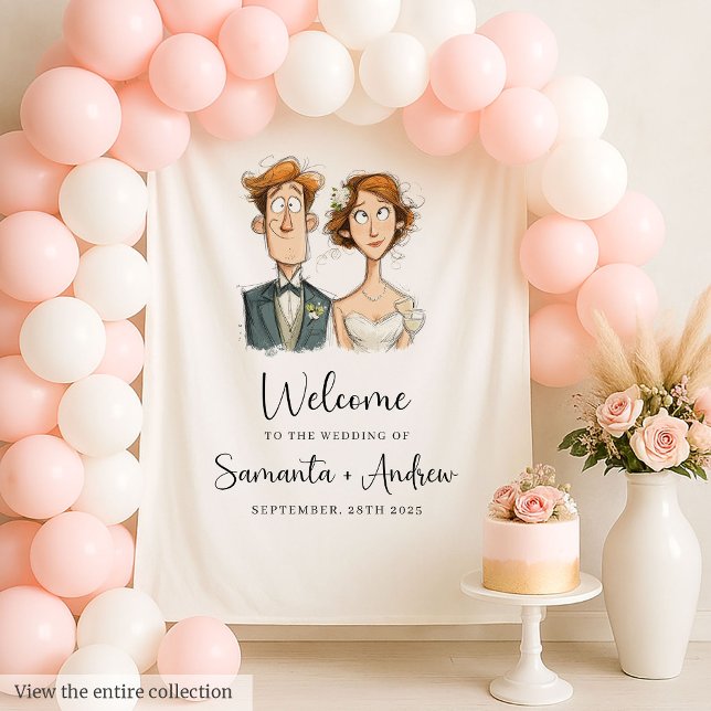 Tenture Amusante mariée et Mariage de chambre fond d'aquar (Funny Bride and Groom Wedding Backdrop Watercolor)