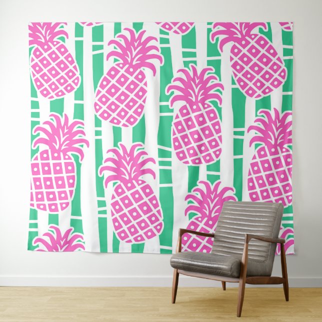 Tenture Ananas Bambou rayures rose et Motif vert (En situation (horizontale))