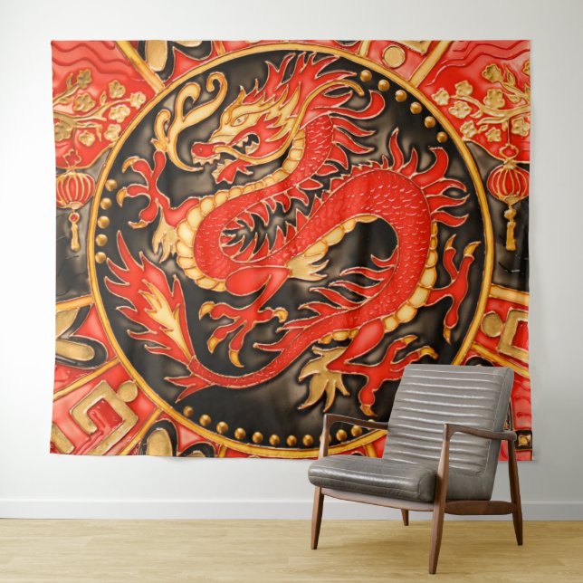 Tenture Ancien Dragon chinois traditionnel Rouge Or Or (En situation (horizontale))