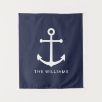 Ancre blanche marine et nom personnalisé sur bleu