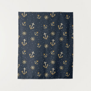 Tenture Ancre d'or nautique et Motif Helm sur bleu
