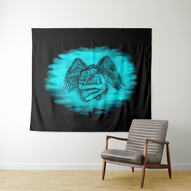 Tenture Angel Eros en amour, design noir et vert (En situation (horizontale))