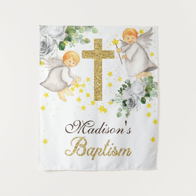 Tenture Anges de baptême paillettes dorées genre neutre (Devant)
