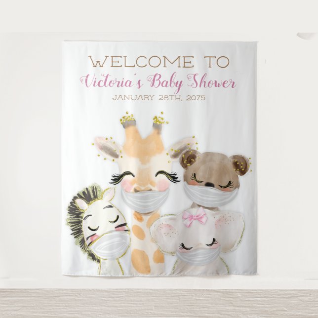 Tenture Animaux Avec Masque Fille Baby shower XL fond de p (Devant)