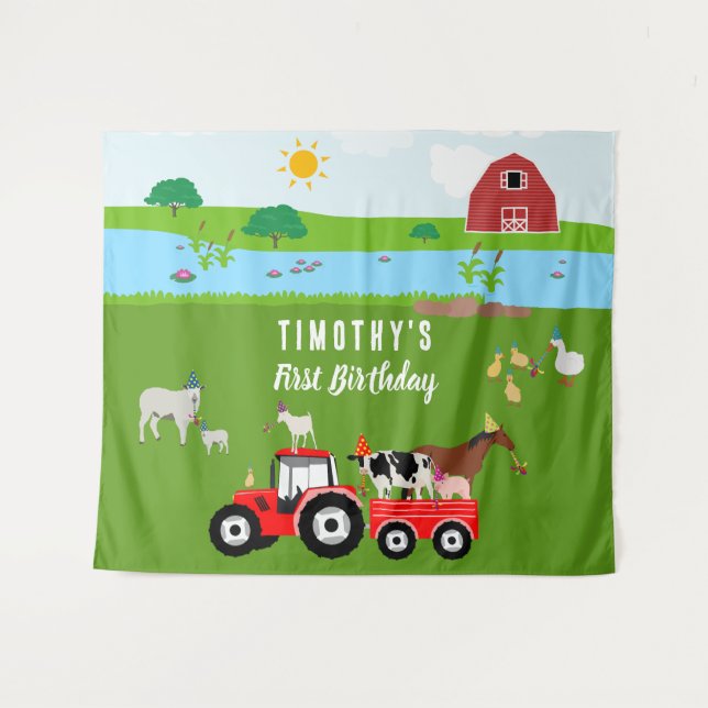 Tenture Animaux de ferme et tracteur rouge Thème de fête d (Devant (Horizontal))