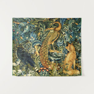 Tenture ANIMAUX FORESTIERS, RAVEN, FOX, PEACOCK Blue Green