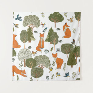 Tenture Animaux forestiers : renards, oiseaux motifs