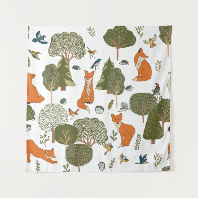 Tenture Animaux forestiers : renards, oiseaux motifs (Devant)