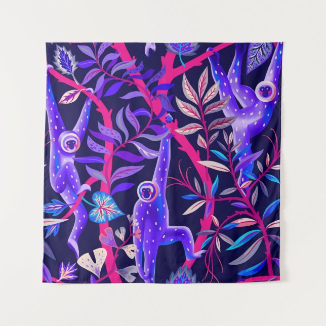 Tenture Animaux tropicaux : motif de singes bleus. (Devant)
