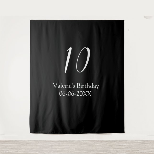 Tenture anniversaire 10 ans blanc noir nom date calligraph (Devant)
