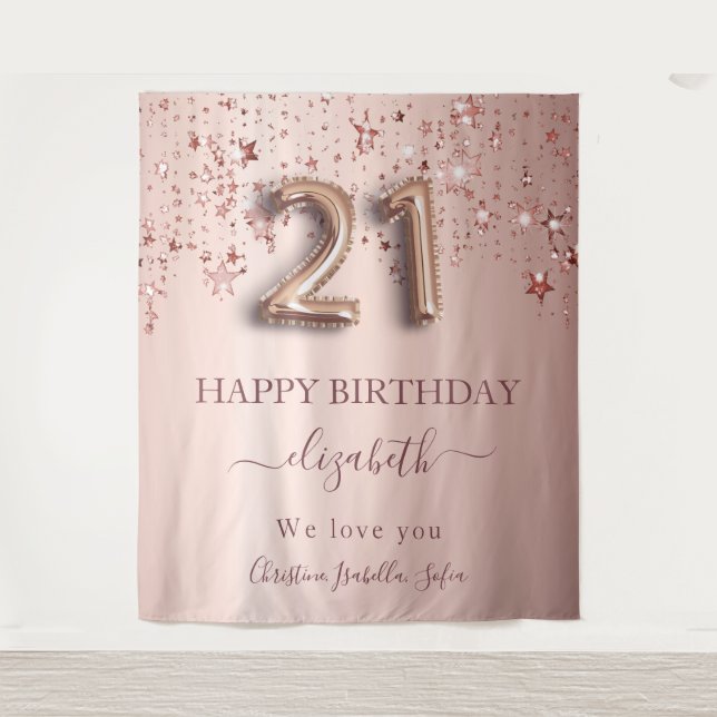 Tenture Anniversaire 21 ans blush étoiles doré rose amies (Devant)