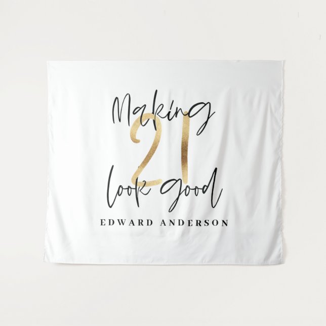 Tenture Anniversaire 21 ans moderne noir et or élégant (Devant (Horizontal))