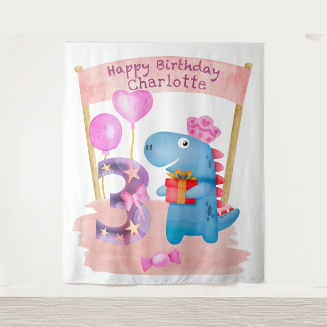 Tenture Anniversaire 3 Ans Dinosaure Personnalisé pour Fil (Devant)