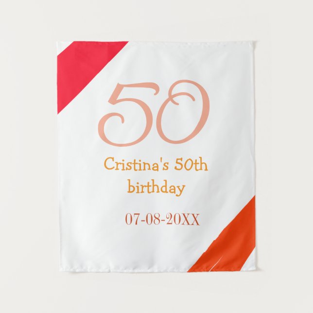 Tenture anniversaire 50 ans orange rouge ajouter nom date  (Devant)