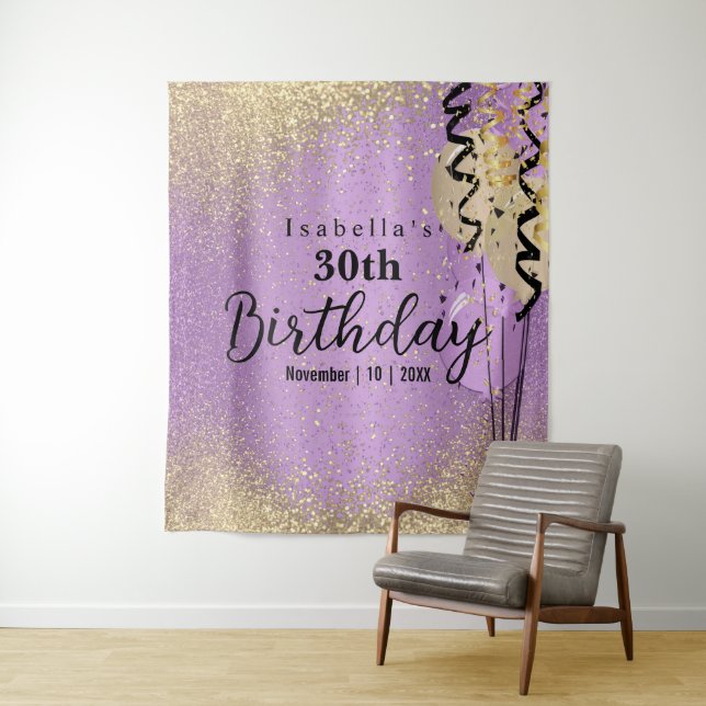 Tenture Anniversaire Lilas et Paillettes Dorées (En situation)