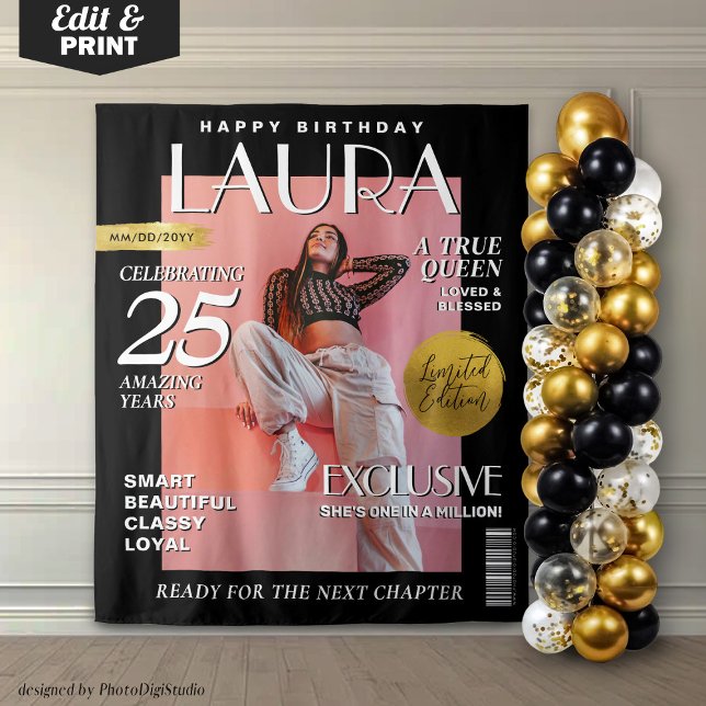 Tenture Anniversaire Personnalisé Magazine Couverture arri (Birthday Custom Magazine Cover Backdrop Fashion)