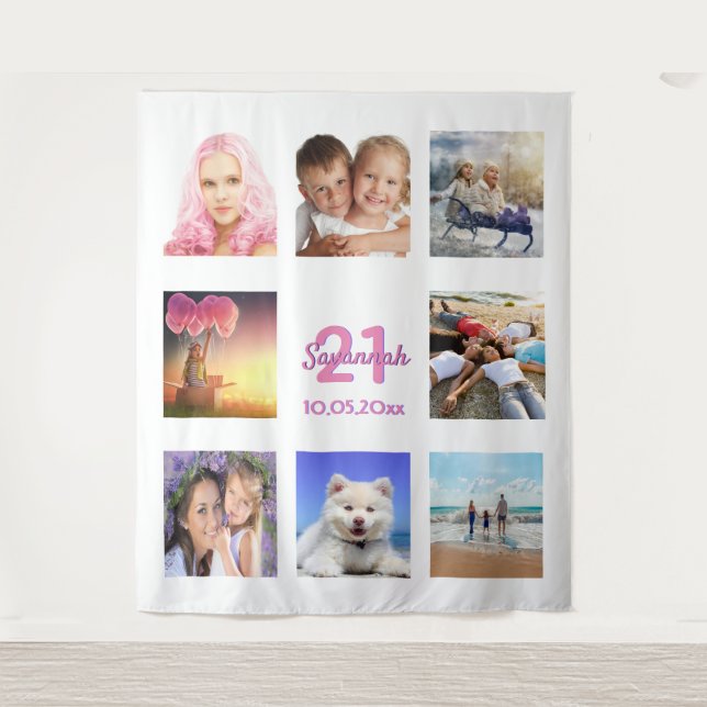 Tenture Anniversaire photo collage blanc rose (Devant)