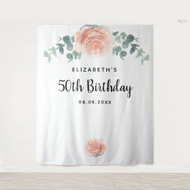 Tenture Anniversaire rose or rose floral eucalyptus blanc (Devant)