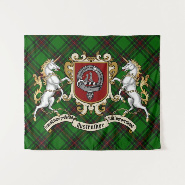 Tenture Anstruther Clan Badge & Unicorns avec Tartan (Devant (Horizontal))