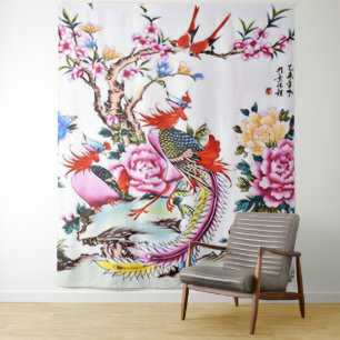 Tenture Antique Chinois Floral Oiseaux Blanc Chinoiserie