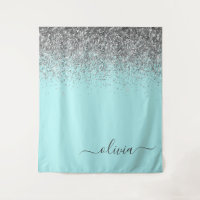 Aqua Bleu Turquoise Argent Paillettes Monogramme