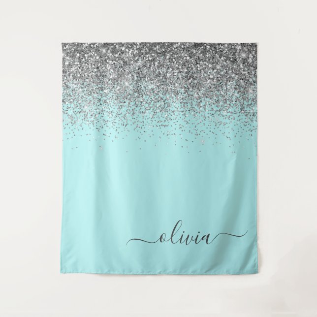 Tenture Aqua Bleu Turquoise Argent Paillettes Monogramme (Devant)