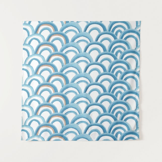 Tenture Aquarelle à vague bleue, peinture transparente. (Devant)