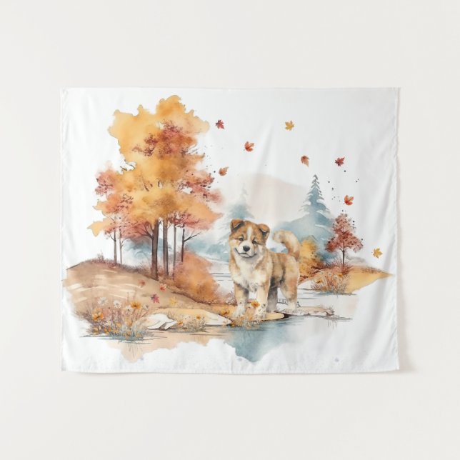 Tenture Aquarelle Automne Chien Design - Akita (Devant (Horizontal))
