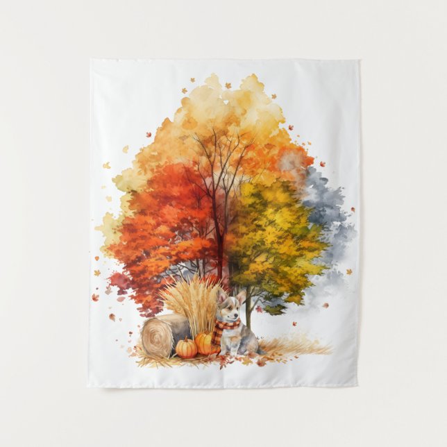 Tenture Aquarelle Automne Chien Design - Corgi (Devant)