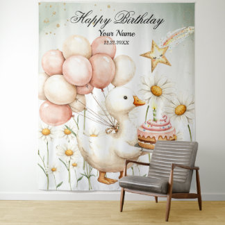 Tenture Aquarelle Bébé Oie blanche Anniversaire fête migno