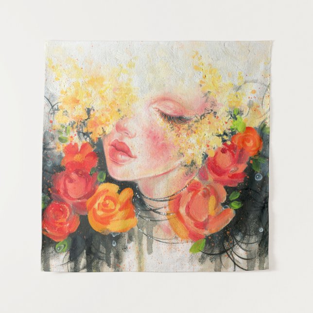 Tenture Aquarelle belle femme et fleurs (Devant)