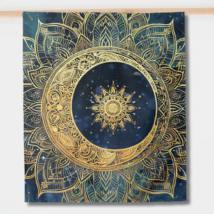 Tenture Aquarelle bleu et or Mandala Sun Nebula Galaxy