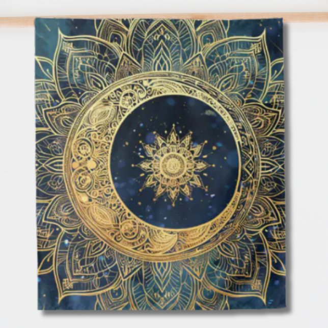 Tenture Aquarelle bleu et or Mandala Sun Nebula Galaxy (Watercolor Blue and Gold Mandala Sun Nebula Galaxy Tapestry)