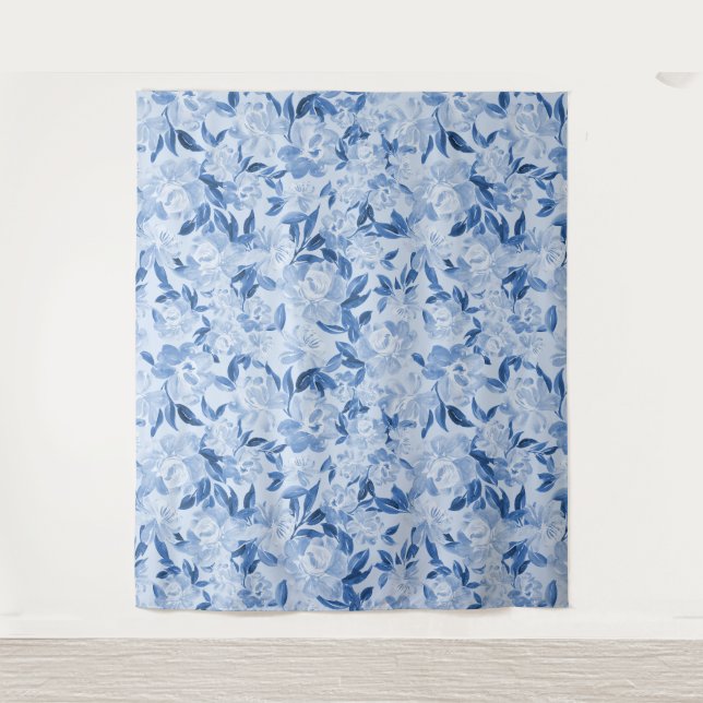 Tenture Aquarelle bleu foncé floral photo-rappel (Devant)