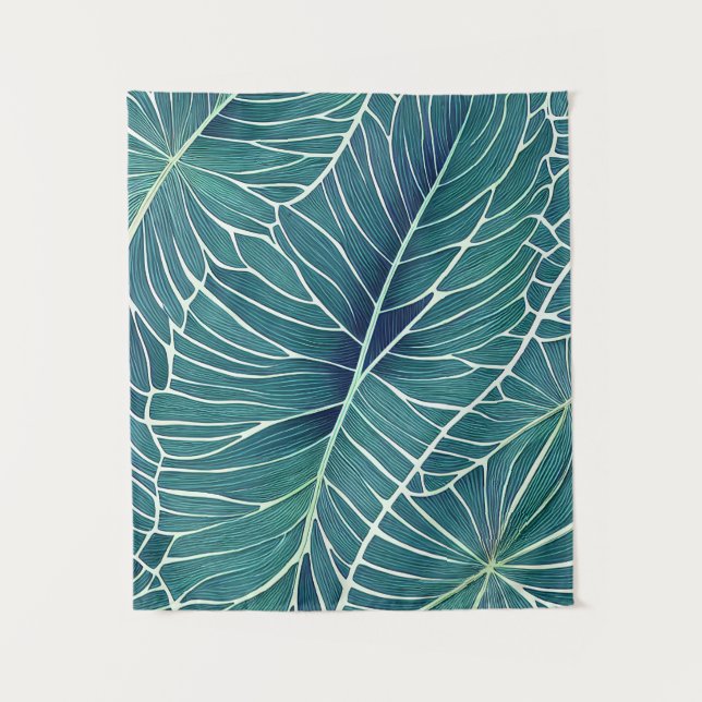 Tenture Aquarelle Bleu Vert Turquoise Feuilles tropicaux (Devant)