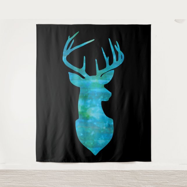 Tenture Aquarelle bleue Cerf Silhouette (Devant)