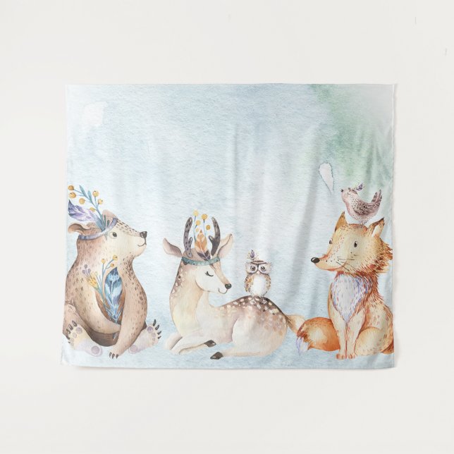 Tenture Aquarelle Boho Ours Rustique Animaux Fête fond (Devant (Horizontal))