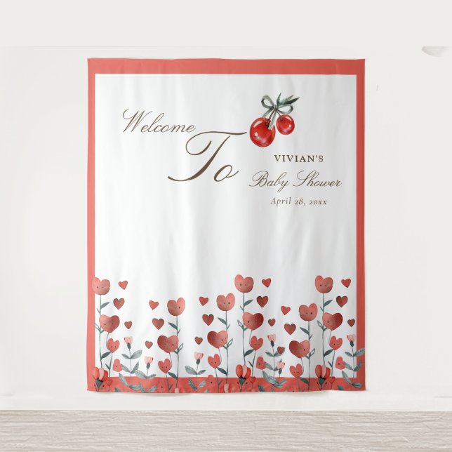 Tenture Aquarelle Coeur cerise florale sur le Baby shower  (Devant)